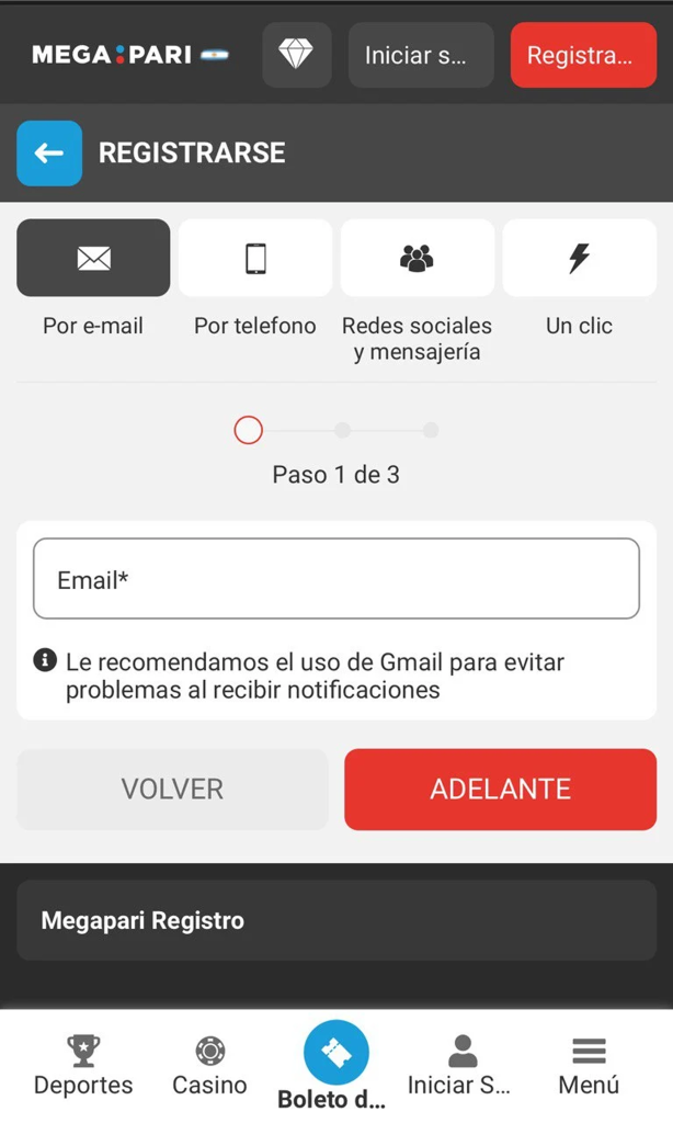 Registro en Megapari Argentina